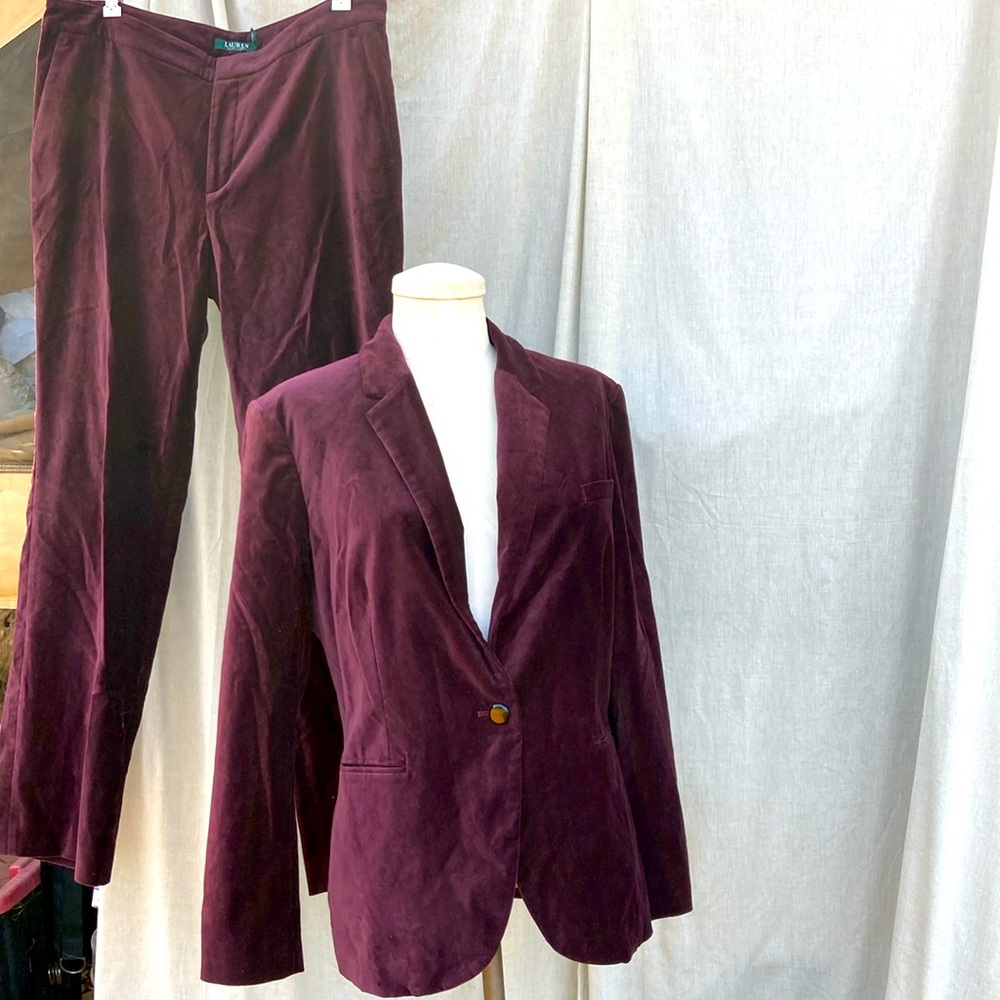 Ralph Lauren 2 pc wine velvet stretch suit blazer jacket pants 14 XL